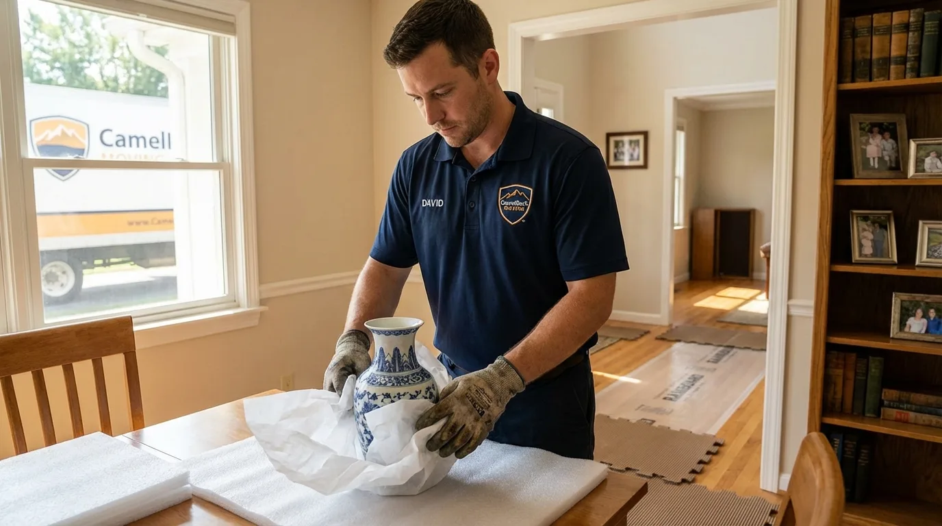 Professional crew carefully wrapping antique vase for senior downsizing move in Flippin, AR